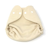 Beige swim diaper cover with snap buttons, designed to let liquids pass while containing solids during water play